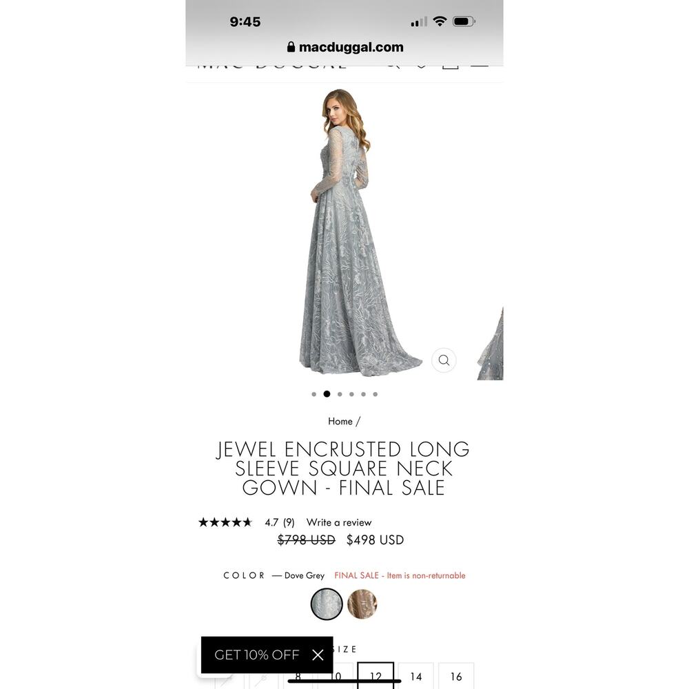 Mac Duggal Jewel Encrusted Long Sleeve Square Neck Gown Dove Grey Size 8 NWT - Picture 9 of 12